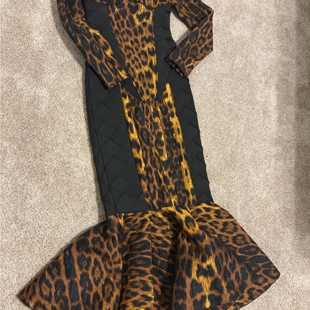 Balmain Black and Brown Leopard Long Sleeve Dress